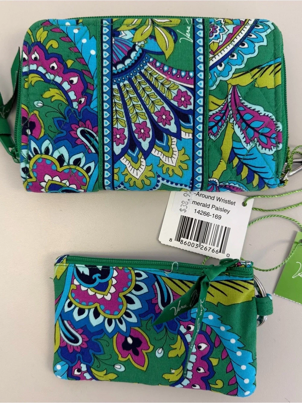 NWT Vera Bradley Emerald Paisley Quilted Wallet & ID Case Set
